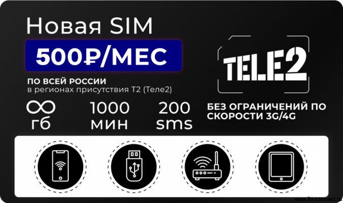 Тариф T2 Безлимитный интернет +1000 минут за 500 руб/мес.  