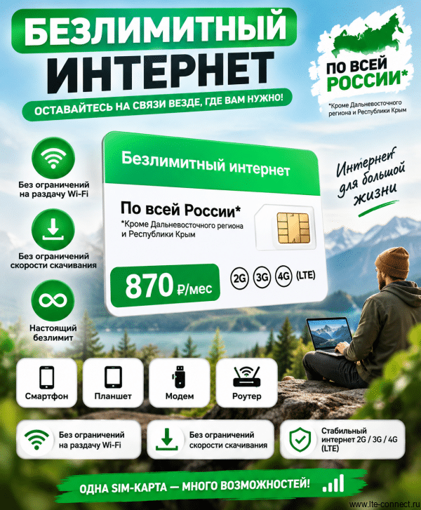 Мегафон Безлимит по РФ за 870 руб/мес. для всех устройств